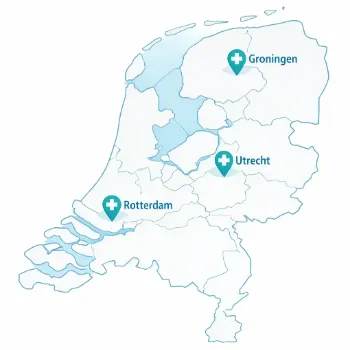 Kaart van Nederland met de drie Sjögren expertisecentra in Groningen, Utrecht en Rotterdam